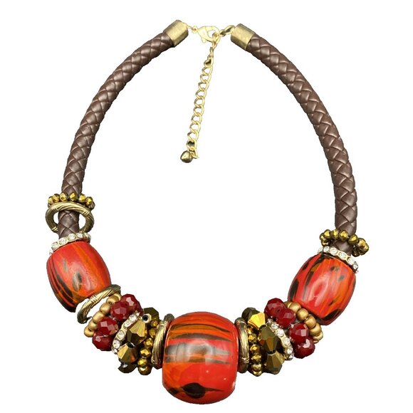 Chunky Choker Necklace Red Brown Copper Beads Glamour Braided Leather 17-20" - Picture 2 of 8